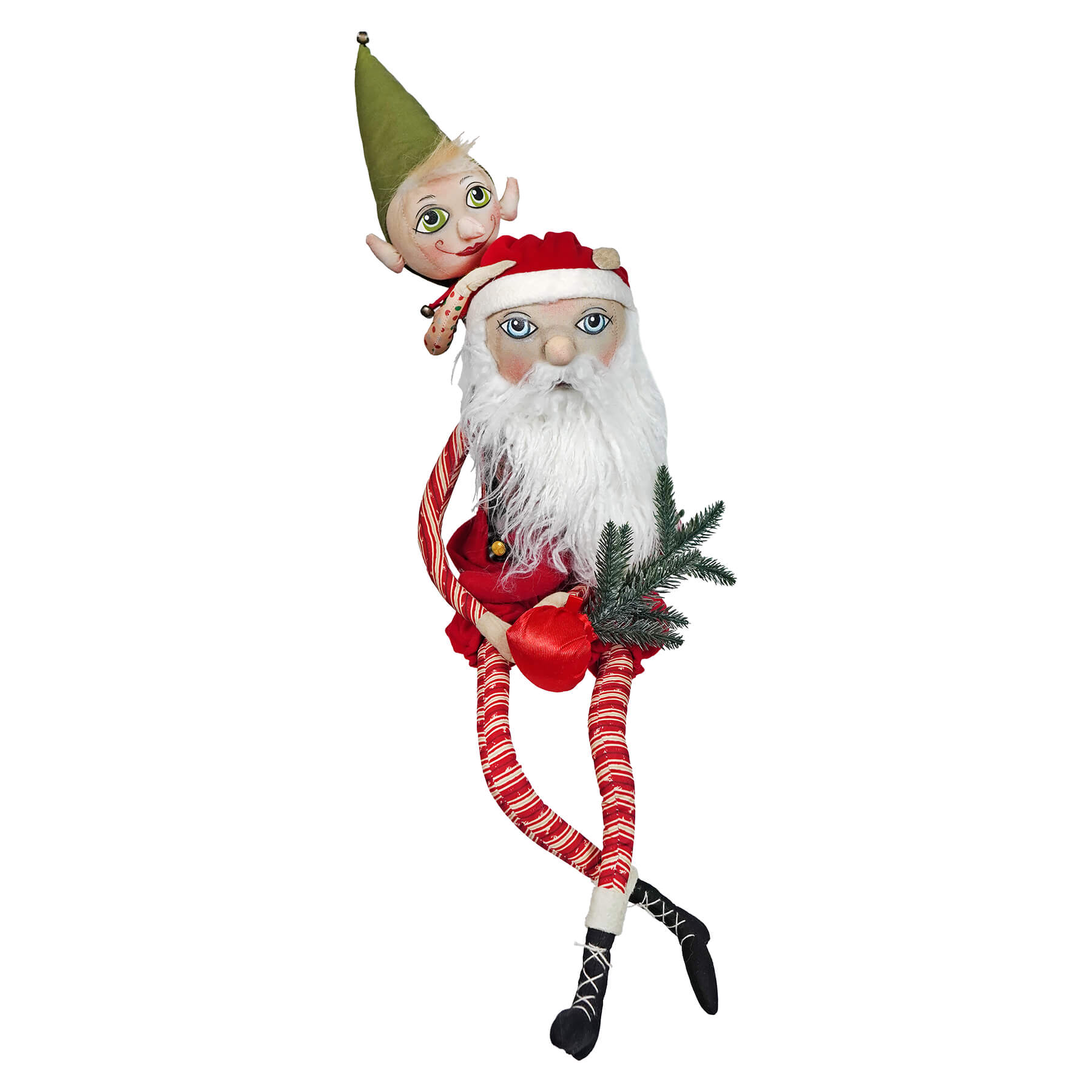 A whimsical santa figure with striped pants and boots holding a pine branch and elf for christmas decorations