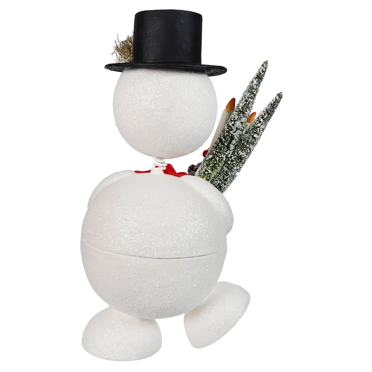 White glittery jolly bobble snowman container wearing black top hat holding three frosted pine branches