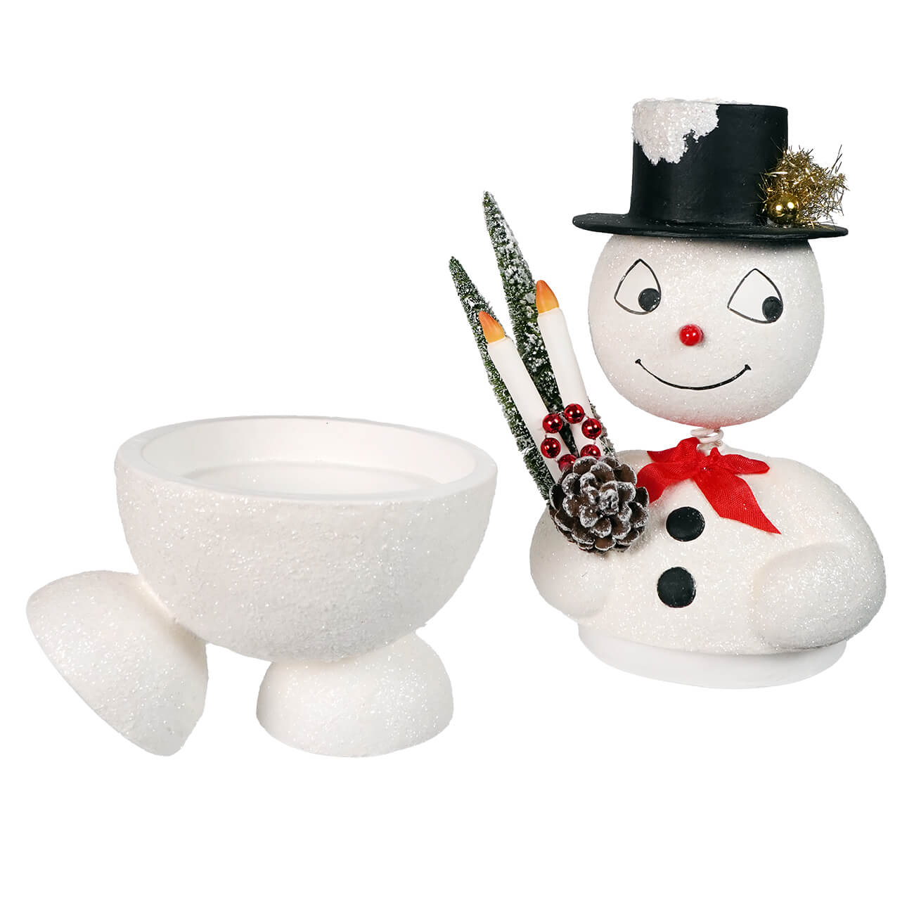White glittery jolly bobble snowman container with black top hat red bow tie and decorative candles