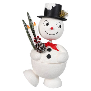 White glittery jolly bobble snowman container with black top hat holding candles and pinecones with gold tinsel accents