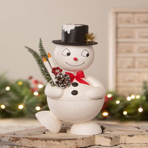 White glittery jolly bobble snowman container with black top hat gold tinsel red bow tie holding holiday decorations
