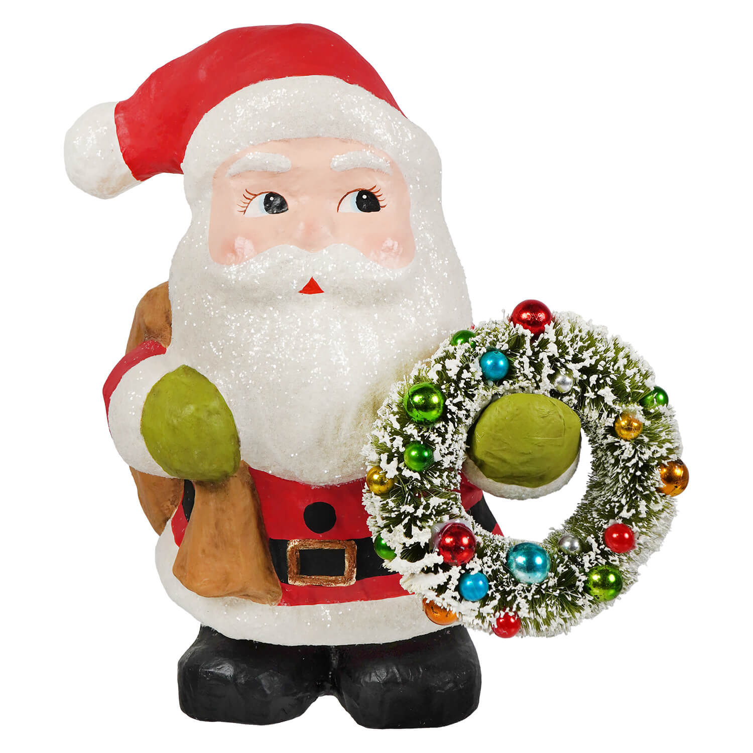 Jolly fat santa with wreath glittery red and white santa figurine holding festive ornament wreath bethany lowe christmas