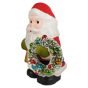 Jolly waving santa figurine by bethany lowe christmas holding a colorful wreath with shiny ornaments