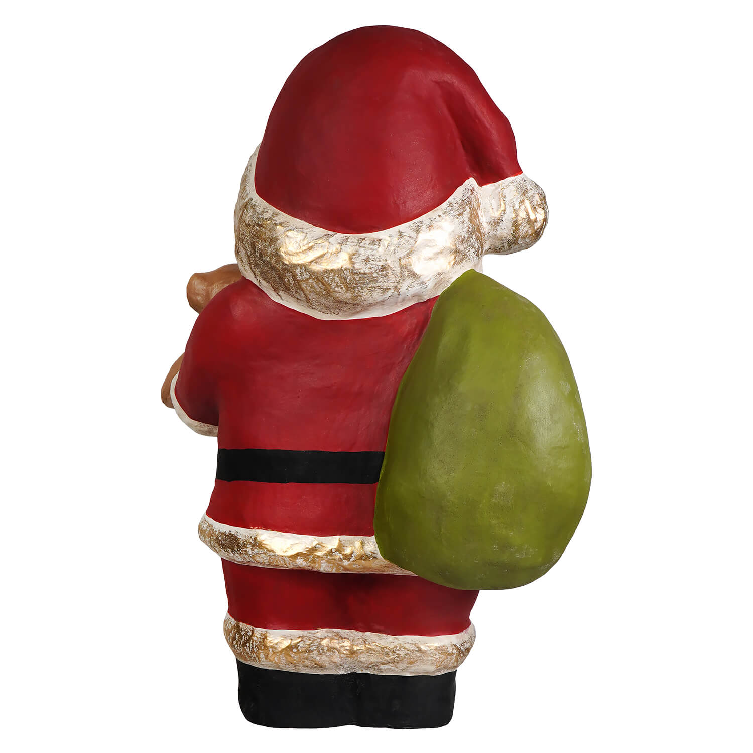 Jolly happy santa red santa claus figurine with gold trim carrying green sack by bethany lowe designs