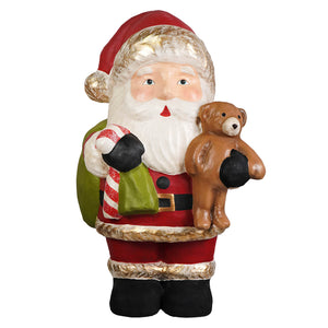 Jolly happy santa figurine by bethany lowe designs in red and gold holding a brown teddy bear