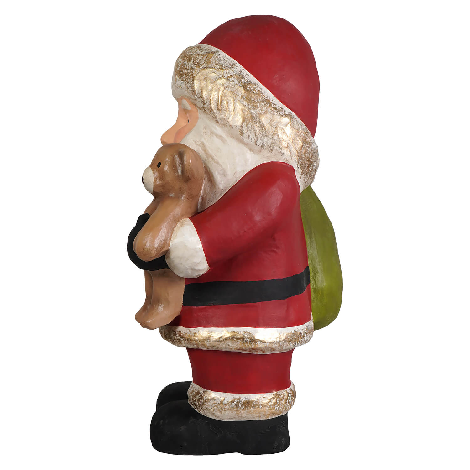 Jolly happy santa figurine by bethany lowe designs in red and gold holding a brown teddy bear