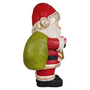 Jolly happy santa figurine by bethany lowe designs with red and white outfit green sack gold-trimmed beard and candy cane