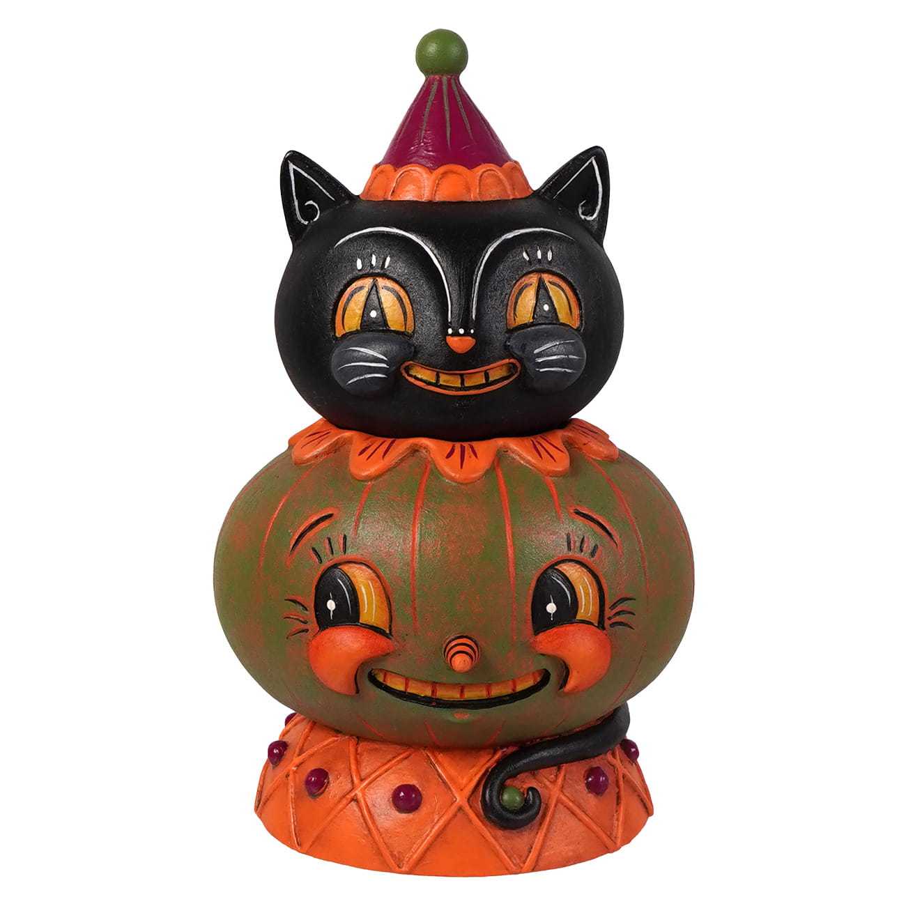 Black cat figurine with orange eyes wearing red jester hat atop olive green pumpkin jack o lantern in jolly jack a melon stack