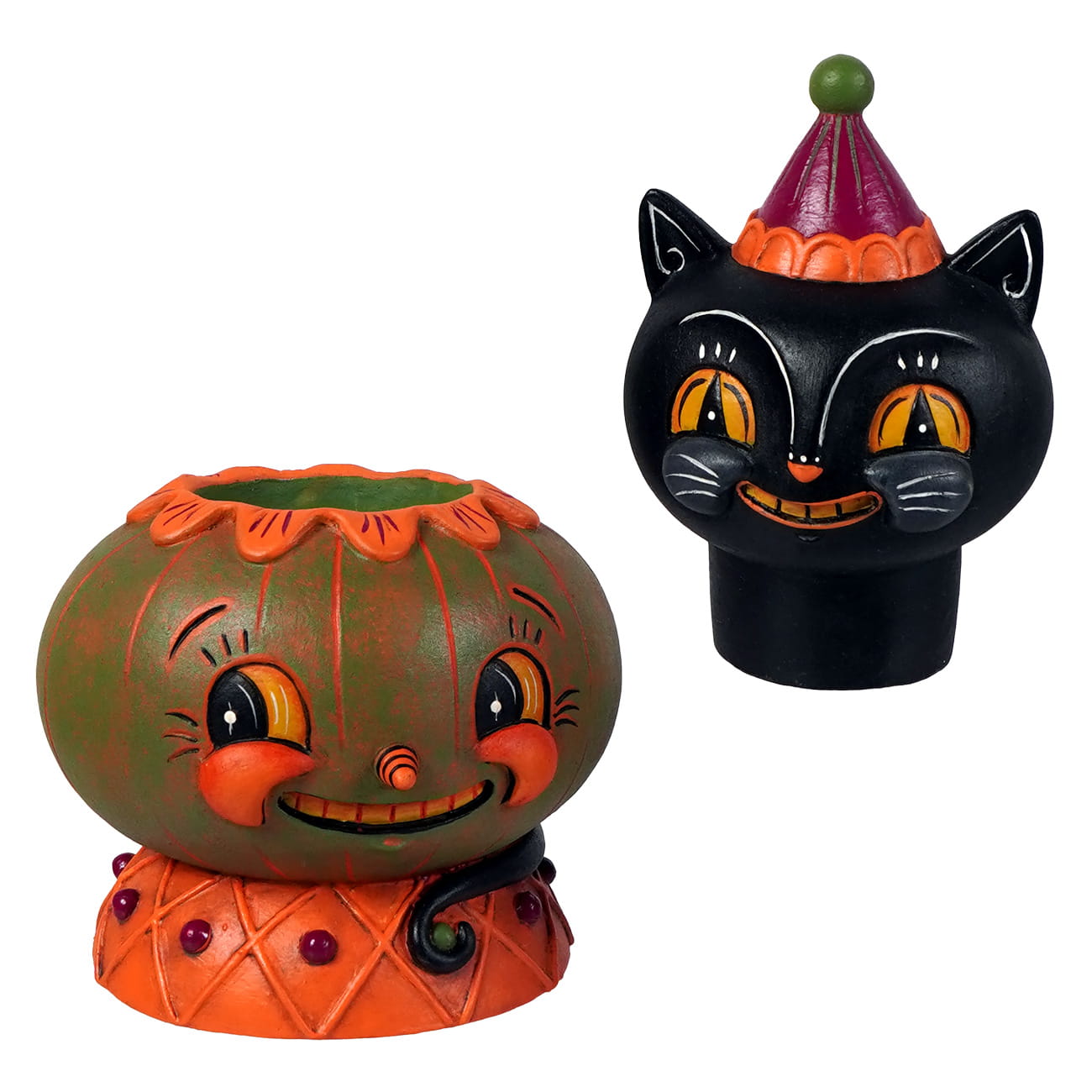 A cheerful green jack o lantern pumpkin centerpiece with orange accents and a smiling face for halloween décor