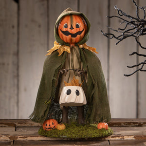 Jolly jack pumpkin halloween figural decor scarecrow with carved orange pumpkin head green hooded cloak and ghost bag