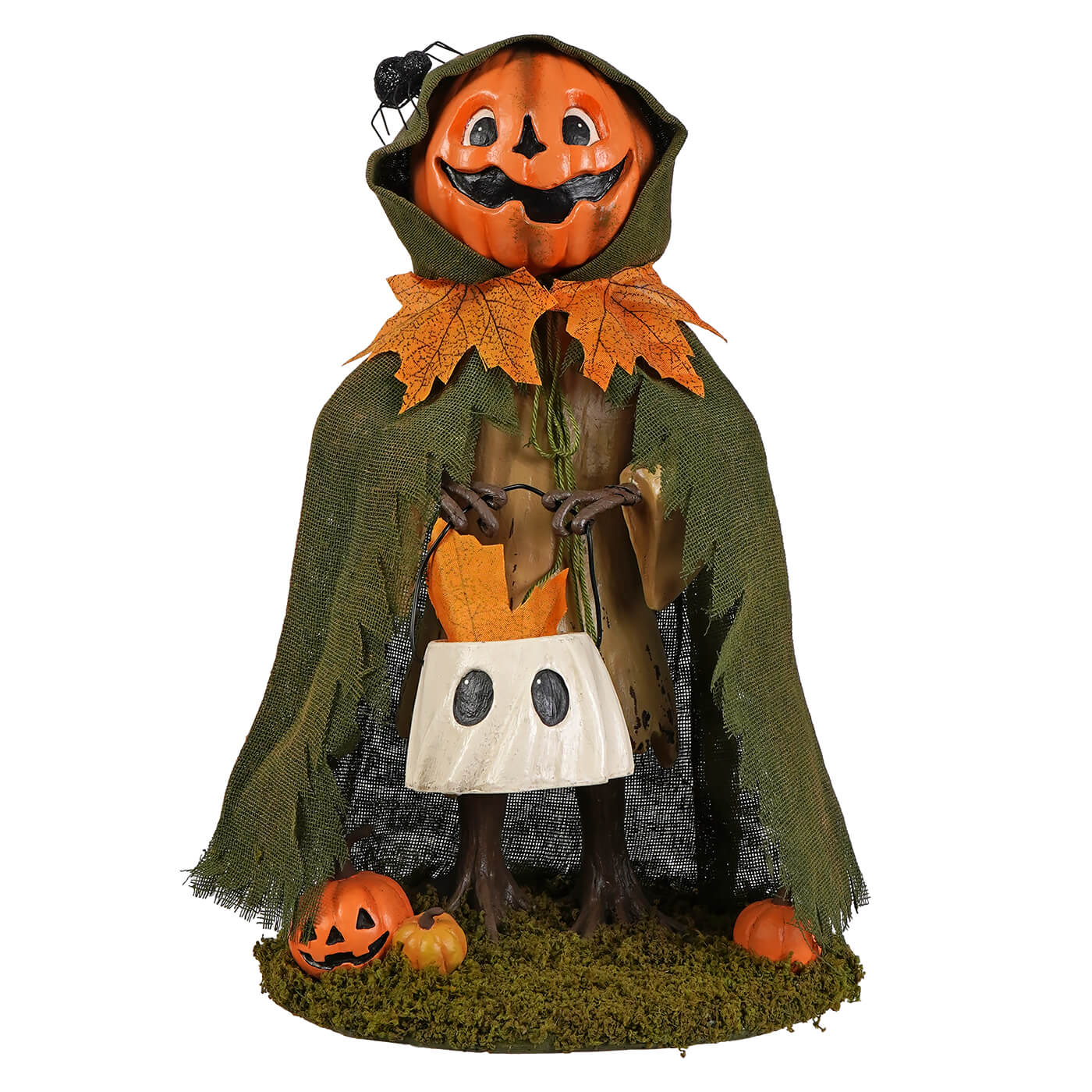 Jolly jack pumpkin orange pumpkin-headed halloween figural decor wearing green hood holding white bucket