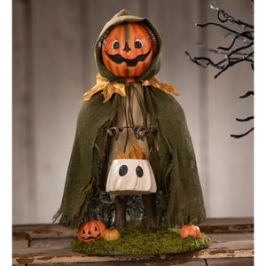 Jolly jack pumpkin halloween figural decor with carved orange pumpkin head green hooded cloak and ghost bucket