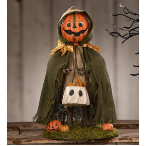 Orange pumpkin-headed scarecrow figurine jolly jack pumpkin wearing green burlap hooded cloak holding white ghost bucket halloween figural decor