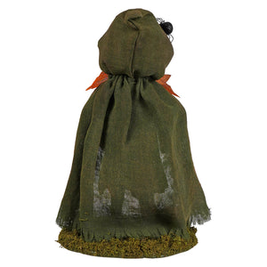 Olive green burlap hooded scarecrow figurine jolly jack pumpkin with orange leaf accents and black spider halloween figural decor