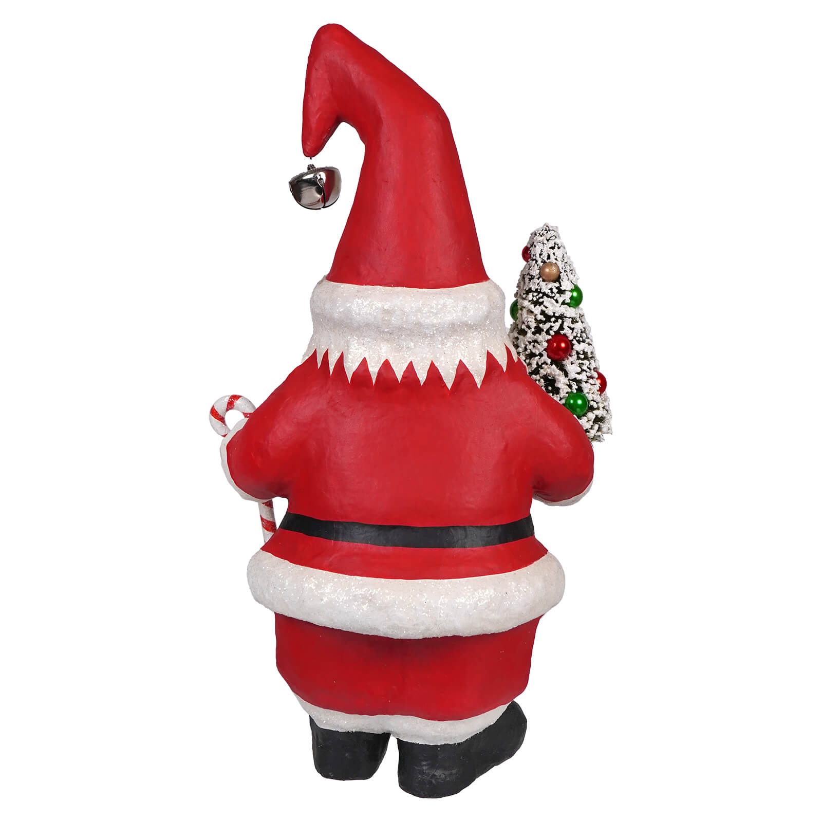 Red and white Santa Claus ornament holding a decorated Christmas tree.