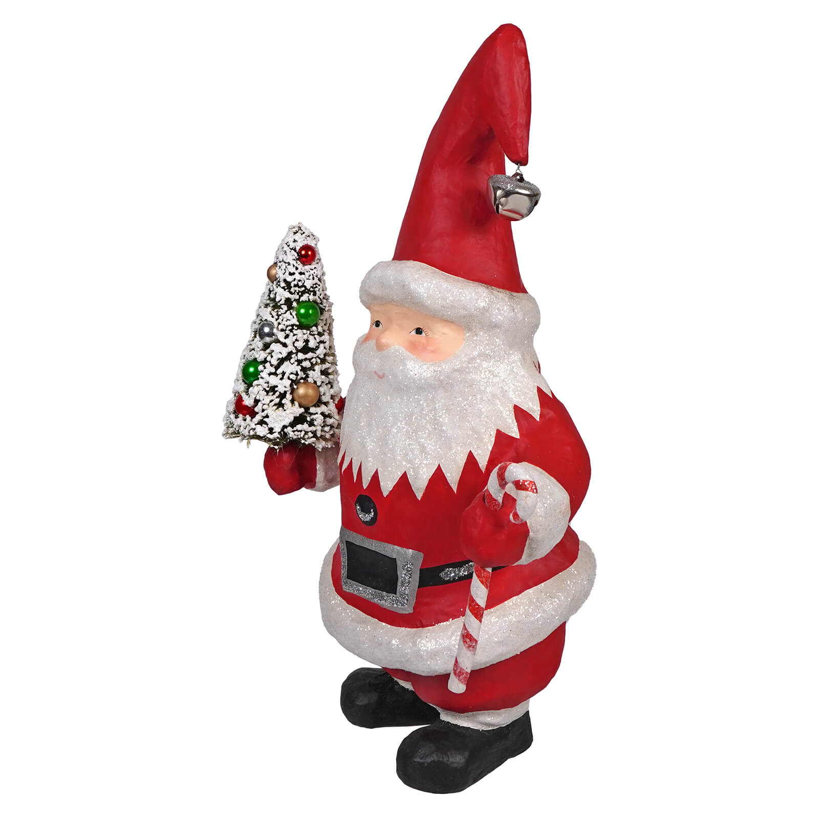 Decorative Santa Claus figurine holding a miniature Christmas tree.