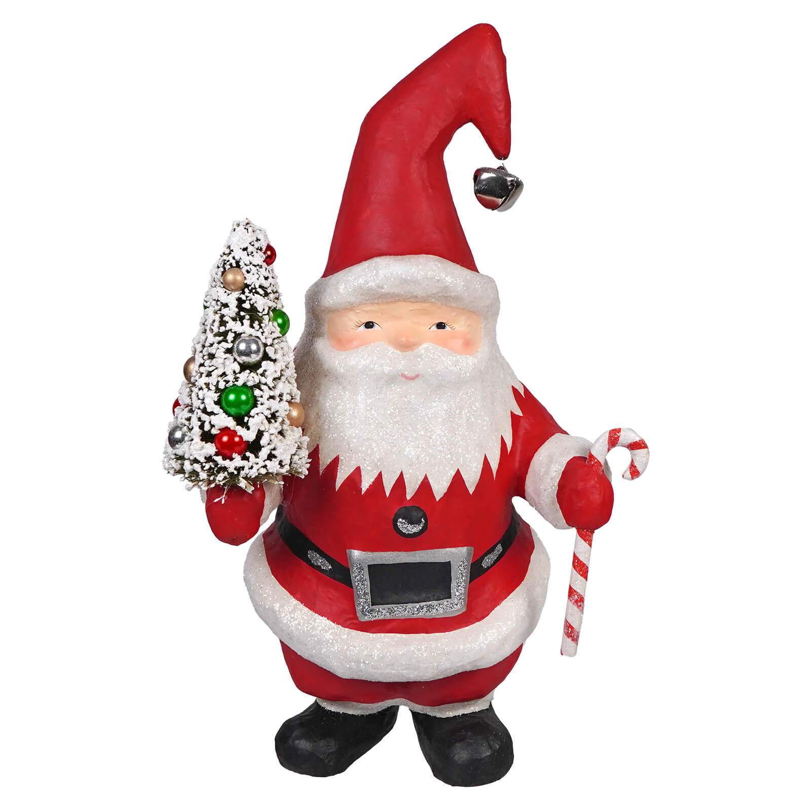 Decorative Santa Claus figurine holding a candy cane and snowy Christmas tree.