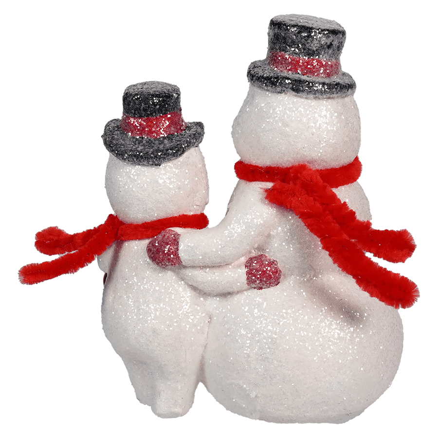 Two snowmen figurines wearing top hats and red scarves, standing close together.