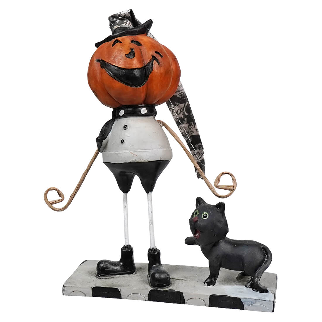 Whimsical Halloween figurine of a pumpkin-headed character in a top hat and suit standing with a black cat.