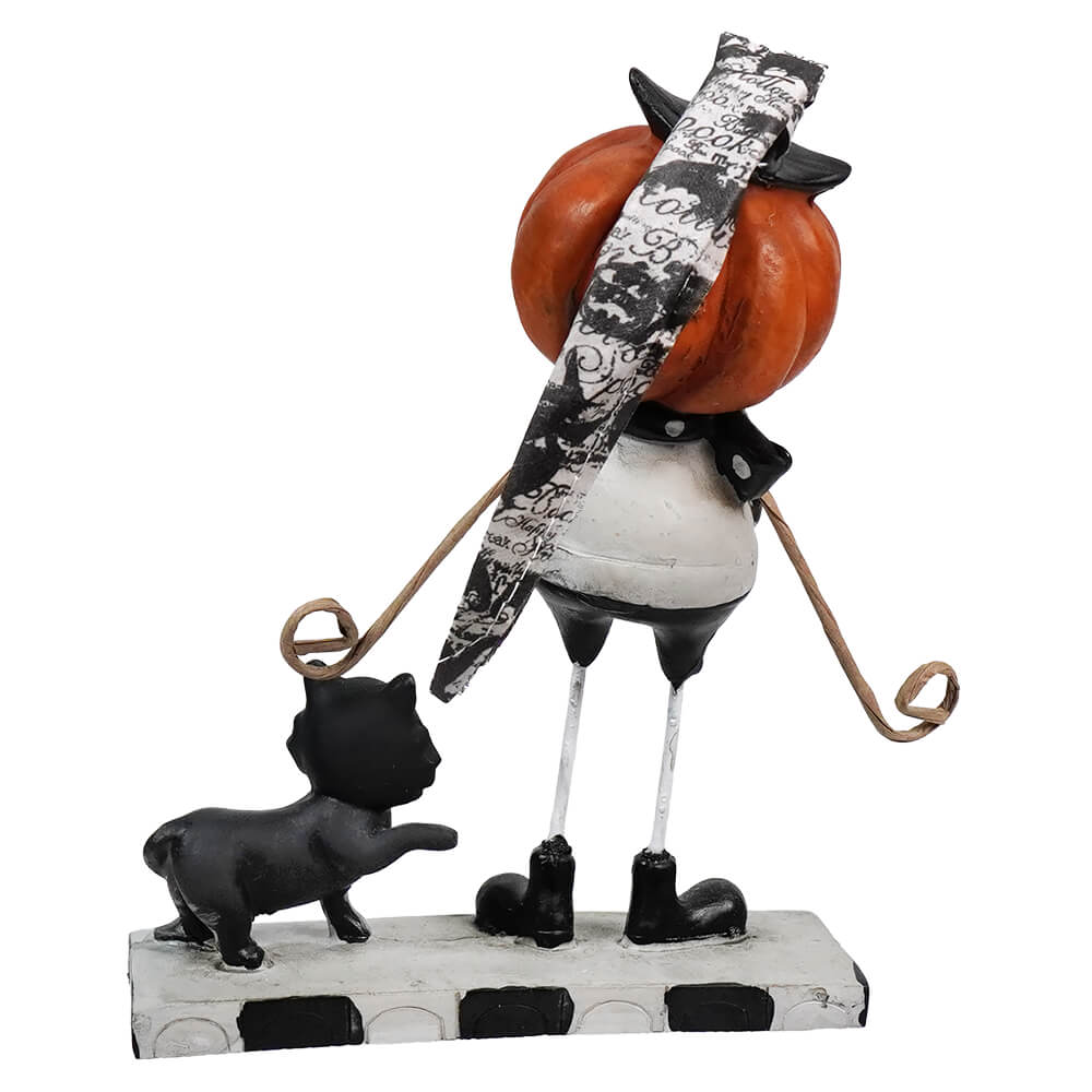 Whimsical figurine of a round-bodied character with thin legs walking a black cat.