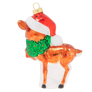 A festive jolly reindeer ornament with a brown deer wearing a santa hat and green scarf, perfect as a santa ornament or pez dispenser ornament