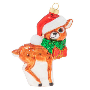 A festive glass jolly reindeer ornament with a brown fawn wearing a red santa hat and green bow tie, perfect santa ornament