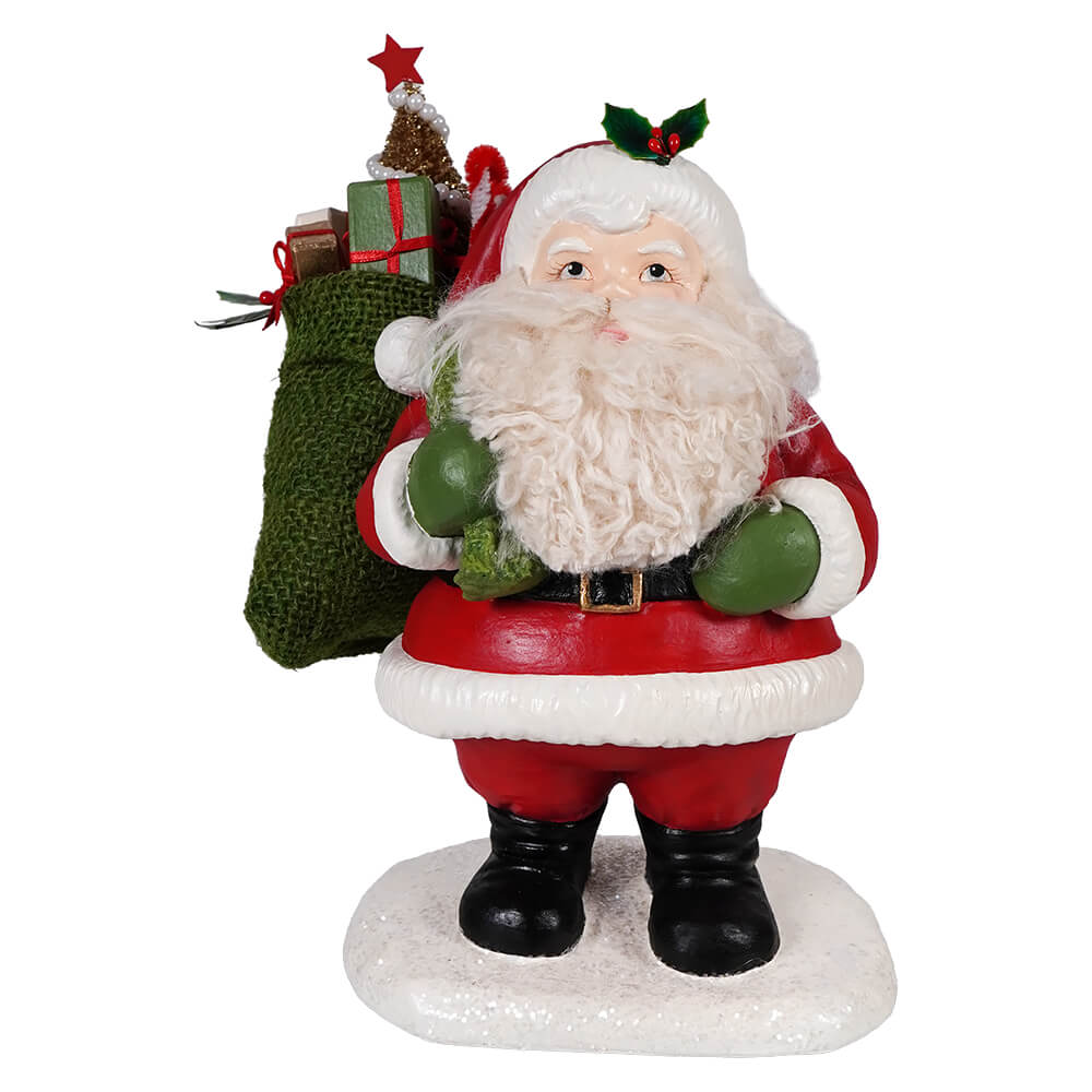 Jolly retro santa figurine by bethany lowes holding a red gift sack perfect for holiday decor