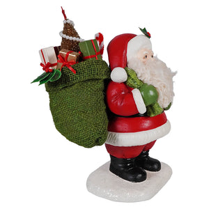Jolly retro santa figurine by bethany lowe in red and white with green burlap sack on snowy base