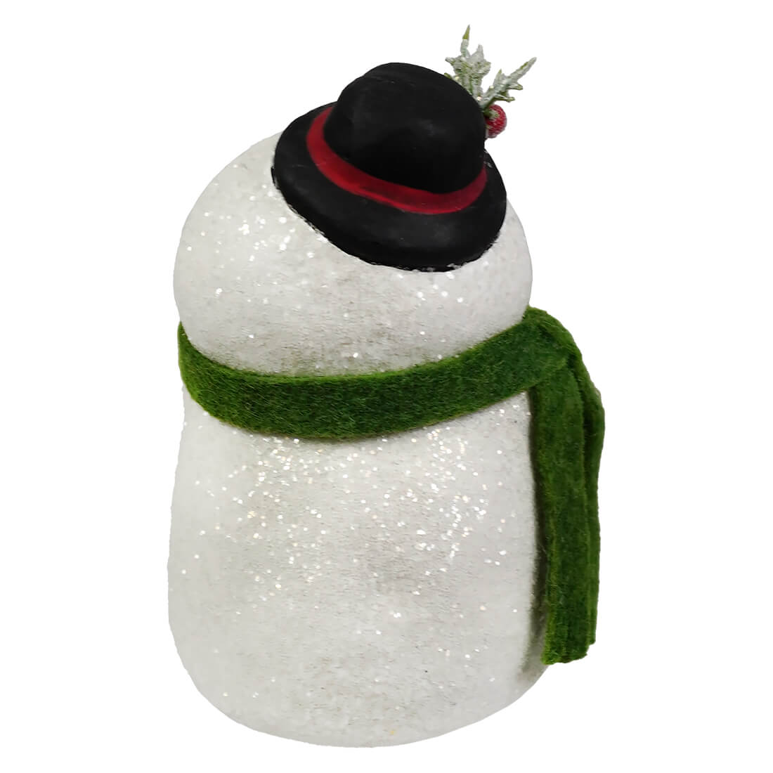 A glittery white bethany lowe designs jolly top hat snowboy christmas snowman figure with black hat and green scarf