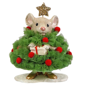 A charming beige christmas mouse gidget figurine dressed as a tree with green mesh and red pom-poms by bethany lowe design