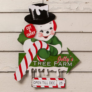 Cheerful bethany lowe tree farm sign featuring a vintage-style snowman with a black top hat and green scarf holding a candy cane