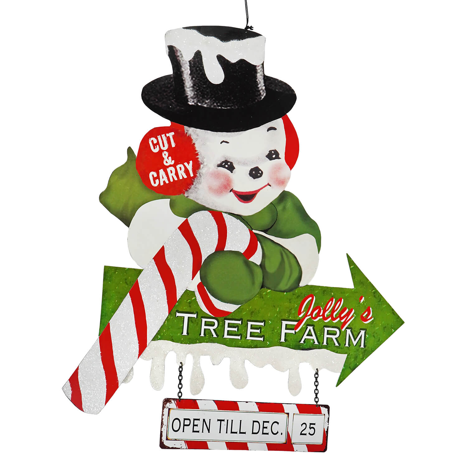 A cheerful vintage-style bethany lowe snowman tree farm sign with black top hat, green scarf, and candy cane holding open till dec sign