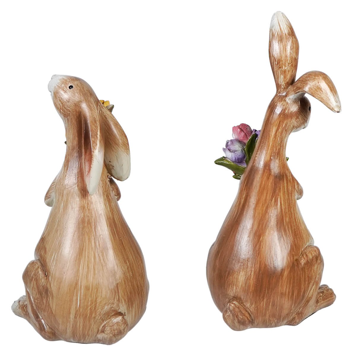Two joyful brown bunnies resin figurines clutching spring floral bouquets in a set of two for decor