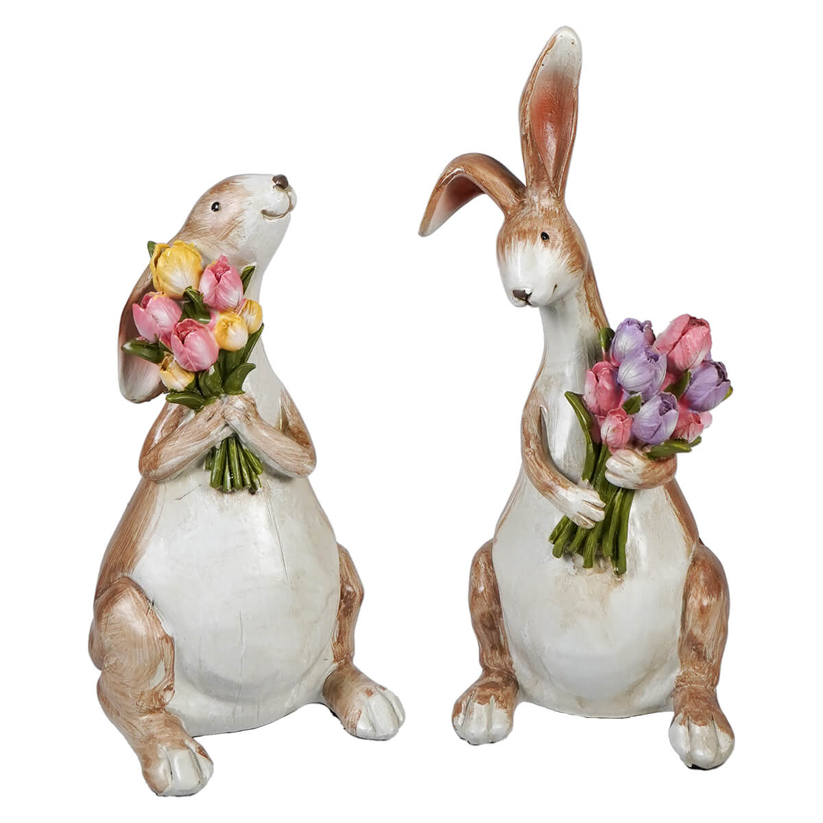Two joyful brown bunnies clutching spring tulip bouquets vintage easter bunny figural decor set of 2