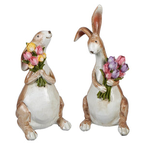 Two joyful brown bunnies clutching spring tulip bouquets vintage easter bunny figural decor set of 2