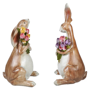 Two joyful brown bunnies resin figurines clutching spring floral bouquets with yellow pink and purple pink tulips