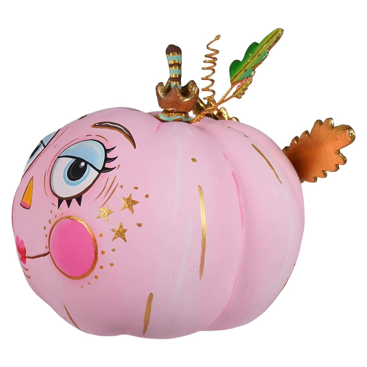 Joyful pink pixie pumpkin figurine with painted face gold accents and decorative crown perfect for halloween pumpkin display