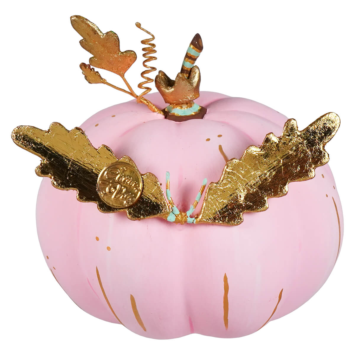 Pink pixie pumpkin ornament with gold leaf accents and a hand-shaped finial perfect for pumpkin pixie display