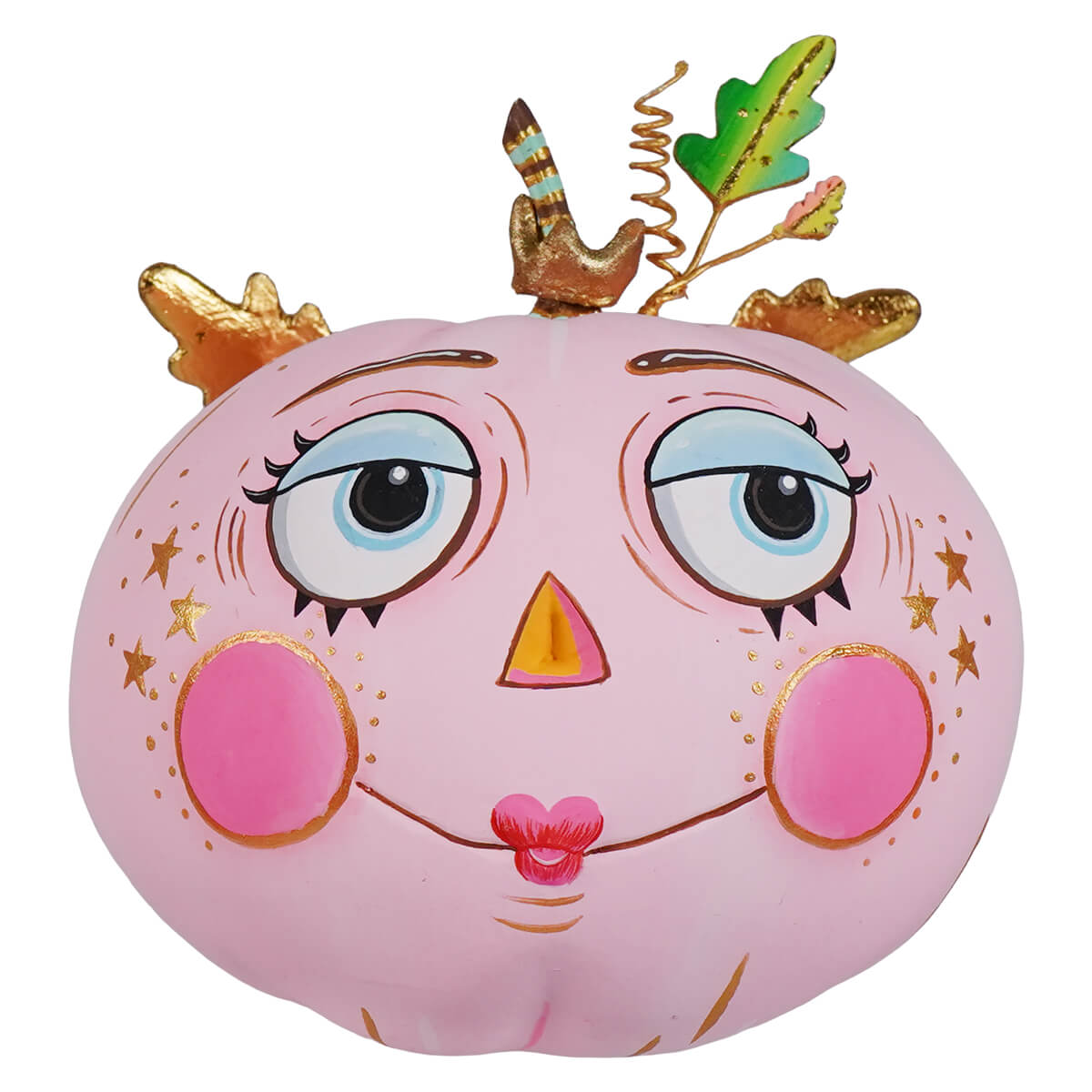 Joyful pink pixie pumpkin with a painted face perfect for a festive halloween pumpkin pixie display