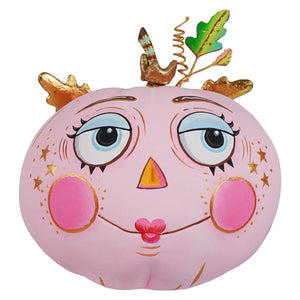 Joyful pink pixie pumpkin with a painted face perfect for a festive halloween pumpkin pixie display