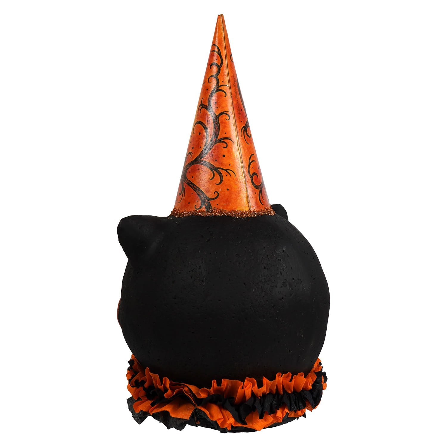 Black cat witch figurine with orange glittery pointed hat on ruffled black and orange base by jpd partners craft cheeky black