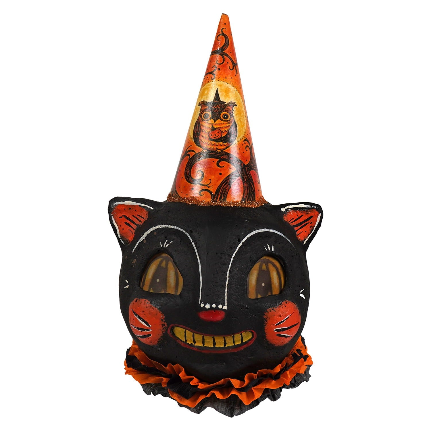 Jpd partners craft cheeky black cat halloween lantern with orange cone hat owl design and ruffled collar