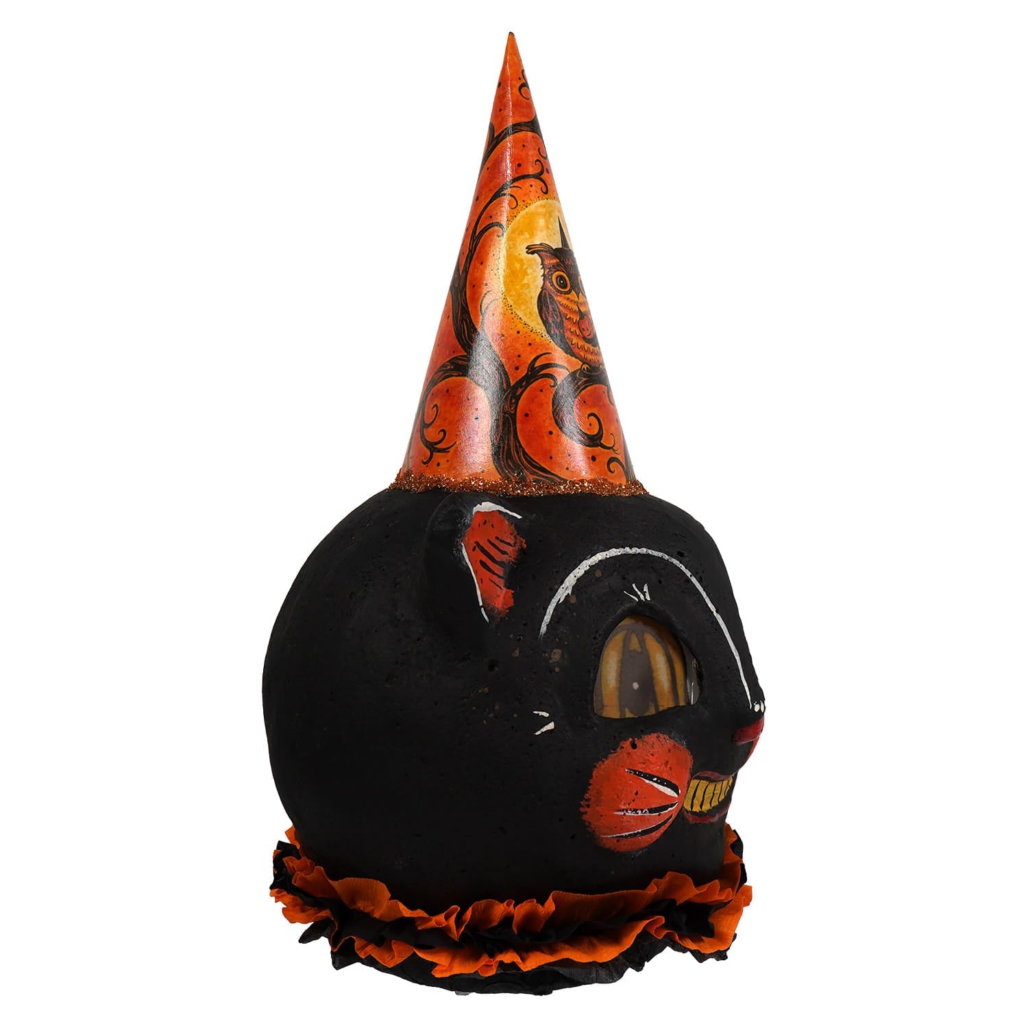 Black cat halloween lantern by jpd partners in craft cheeky black design with orange owl party hat and red ruffled trim