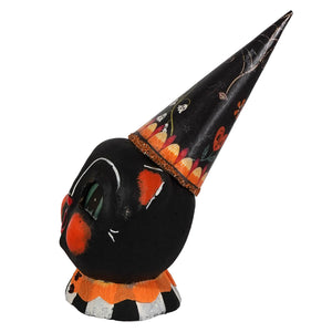 Black halloween-themed garden gnome figurine with tall floral hat and painted face in jpd partners in craft mini black cat lantern lighted decor