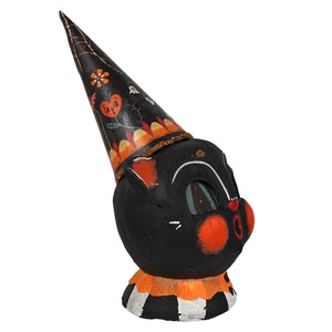 JPD Partners in Craft mini black cat lantern wearing tall hat with orange flowers and pumpkins lighted decor by Rachel Garrison