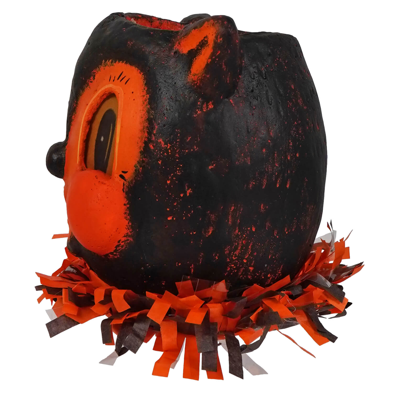 Black and orange halloween bat lantern piñata with textured distressed finish and fringed paper trim by jpd surprised orange