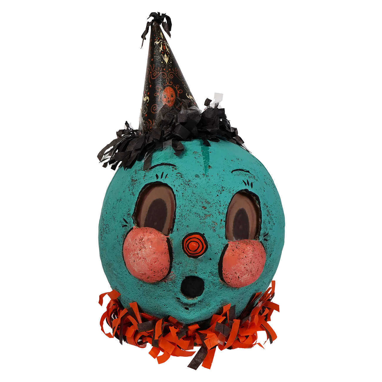 Jpd partners in craft teal jack-o-lantern with a teal halloween lantern decorated with a black party hat and orange fringe