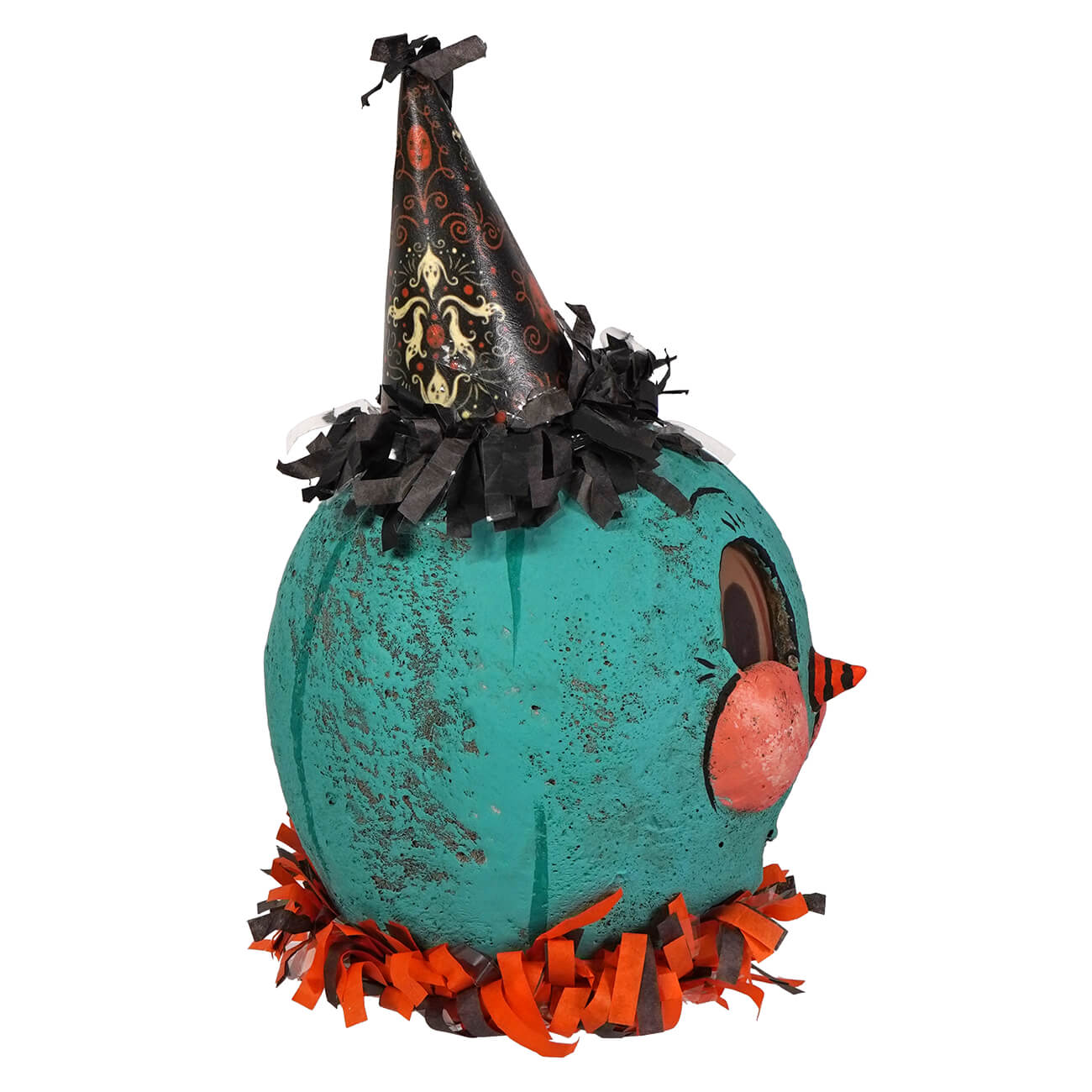 Teal pumpkin shaped craft teal jack-o-lantern wearing a black party hat with gold and orange patterns by jpd partners in craft