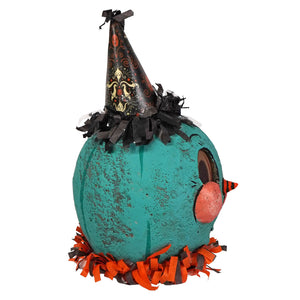 Teal pumpkin shaped craft teal jack-o-lantern wearing a black party hat with gold and orange patterns by jpd partners in craft