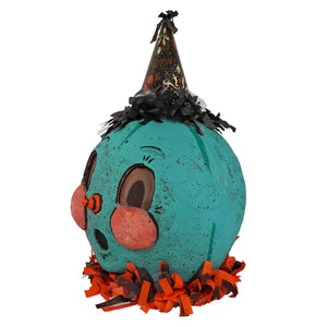 Teal pumpkin craft teal jack-o-lantern with painted face orange black fringe and top hat by jpd partners in craft halloween lanterns